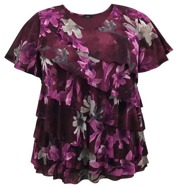 Women's Printed Mesh V-Neck Short Sleeve Ruffle Top