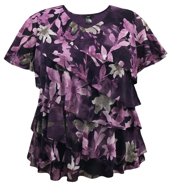 Women's Printed Mesh V-Neck Short Sleeve Ruffle Top