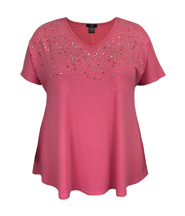 Women's V Neck Studded Short Sleeve Swing Top