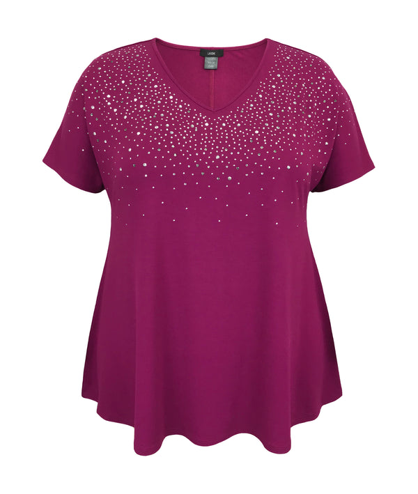 Women's V Neck Studded Short Sleeve Swing Top