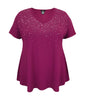 Women's V Neck Studded Short Sleeve Swing Top