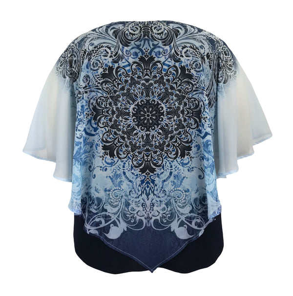 Women's Double-Layered Medallion Print Chiffon Poncho Blouse Top