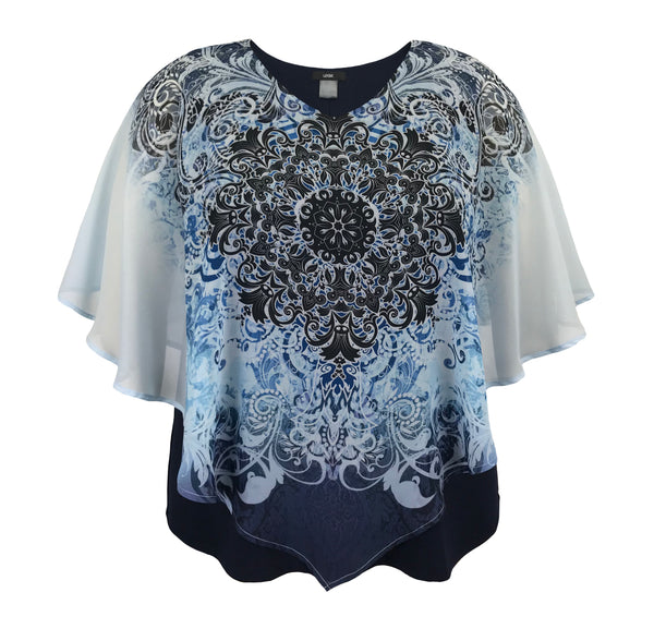 Women's Double-Layered Medallion Print Chiffon Poncho Blouse Top