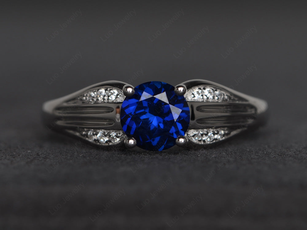 Vintage Lab Sapphire Wedding Ring Round Cut Gold