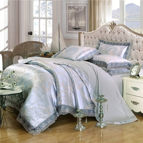 White Silver Coffee Jacquard Luxury Bedding Set Queen King Size