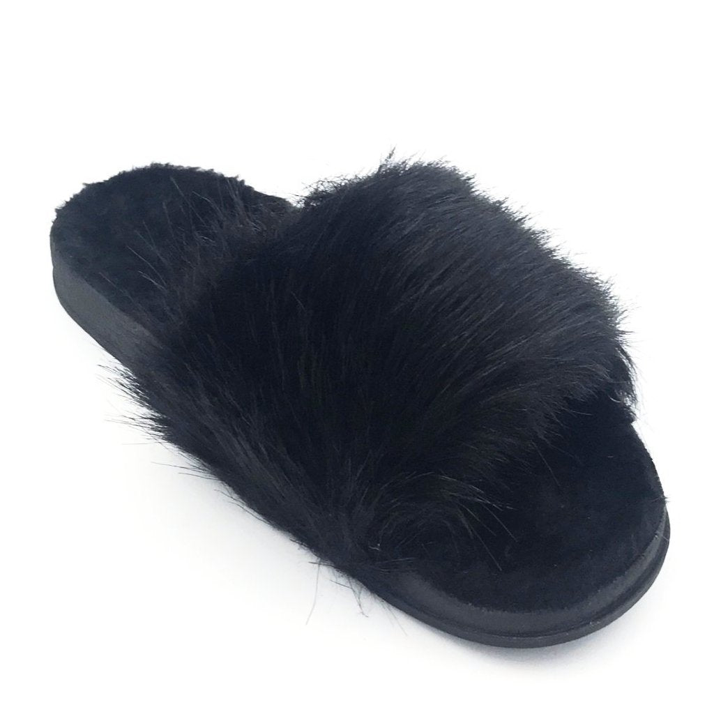 Black Fluffy Sliders | womens footwear 