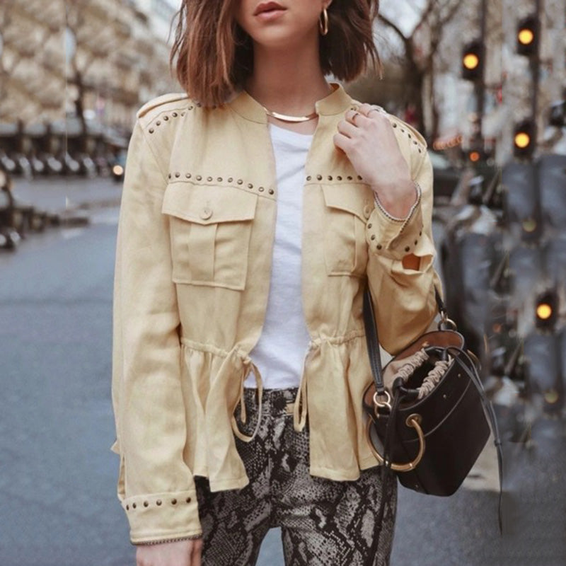 Fashion shirt rivets drawstring with cover pocket top