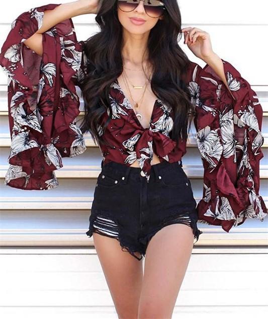 Casual Bell-Sleeve Ruffled Edge Irregular Crop Printing Blouse