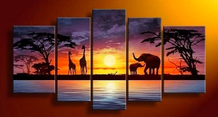 African Painting, African Artwork, African Elephant Paintings, Sunrise Painting