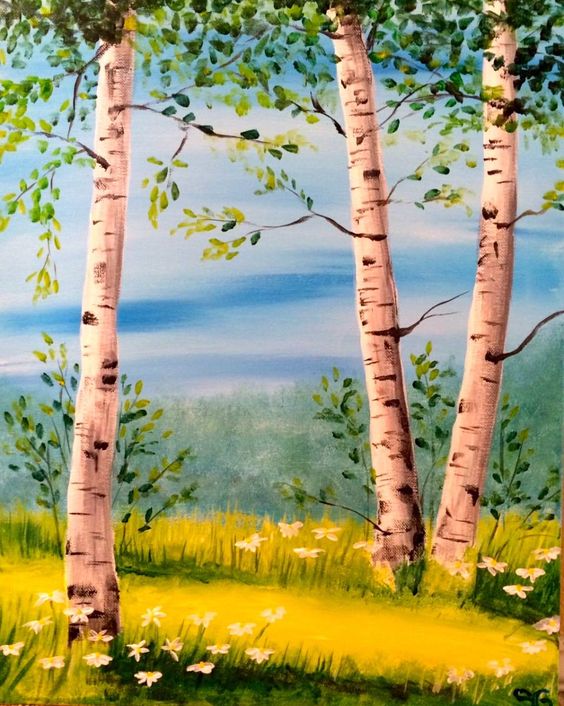 Birch Tree Painting, Tree Paintings, Tree Landscape Painting, Tree Painting Ideas, Acrylic Landscape Wall Art Painting