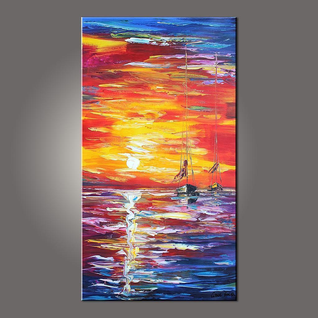 Acrylic Texture Painting, Sunrise Painting, Landscape Texture Paintings, Sail Boat Painting, Seascape Painting