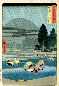 Utagawa Hiroshige wood-block depicting farmers sowing rice during the winter season. 