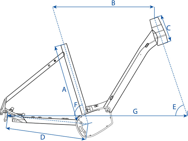 Technische Darstellung der Geometrie des Rahmens des City E-Bikes. Zeigt unter anderem die Rahmengröße.