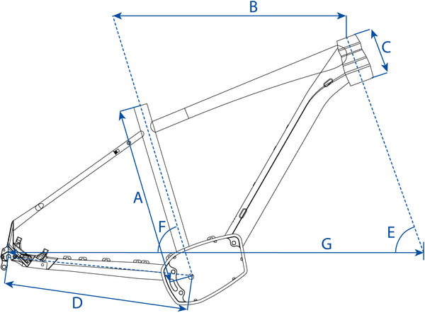 Technische Darstellung der Geometrie des Rahmens des MTB E-Bikes. Zeigt unter anderem die Rahmengröße.