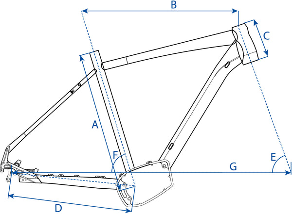Technische Darstellung der Geometrie des Rahmens des Trekking E-Bikes. Zeigt unter anderem die Rahmengröße.