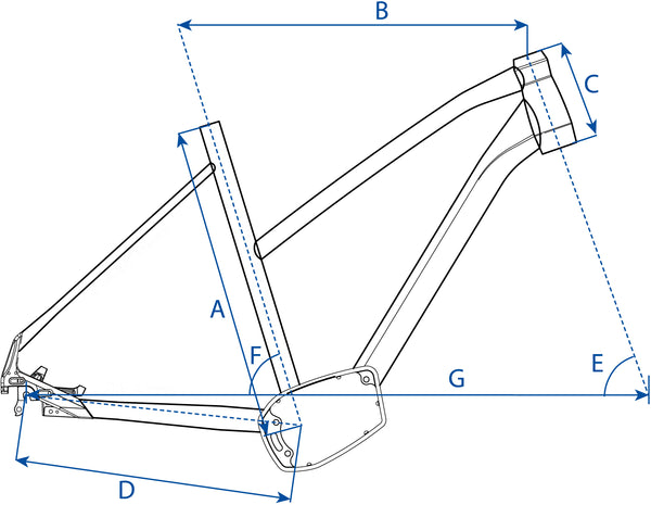 Technische Darstellung der Geometrie des Rahmens des Trekking E-Bikes. Zeigt unter anderem die Rahmengröße.