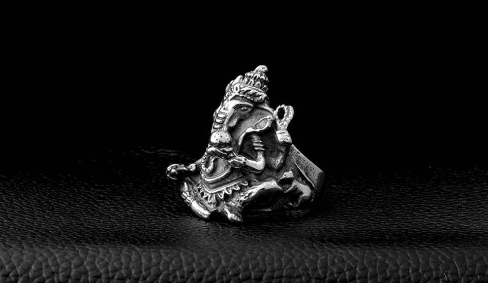 Lord SriGanesha Ring Men's Stainless Steel Hindu Elephant God Ring, Vintage Classic Obstacle Remover Lucky Stainless Steel Silver Ring - Lord Sri Ganesha