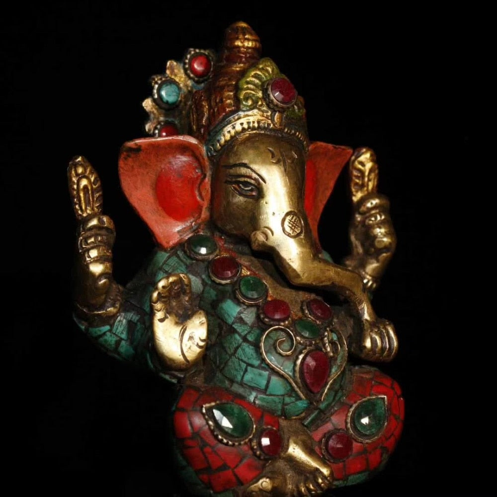 Ganesha Sculpture Handmade Pure Copper Inlaid Semi-Precious Stones Turquoise The God of Wealth Obstacle Remover - Lord Sri Ganesha