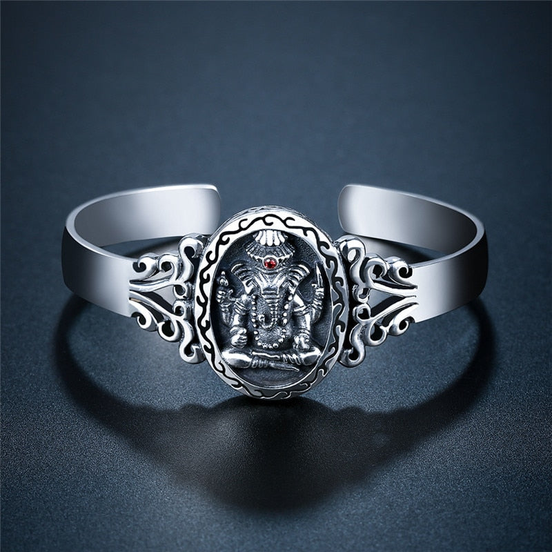 Ganesha Bangle Bracelet 925 Sterling Silver Ganesha Bangle Bracelet for Women Men Retro Indian Ganesha God Bangles Luxury Jewelry - Lord Sri Ganesha