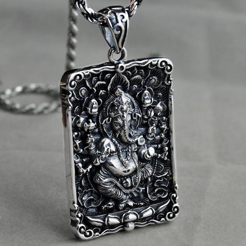 Ganesha Six Words OM Engraved Necklaces & Pendants Real 925 Sterling Silver Pendant For Men Elephant God - Lord Sri Ganesha