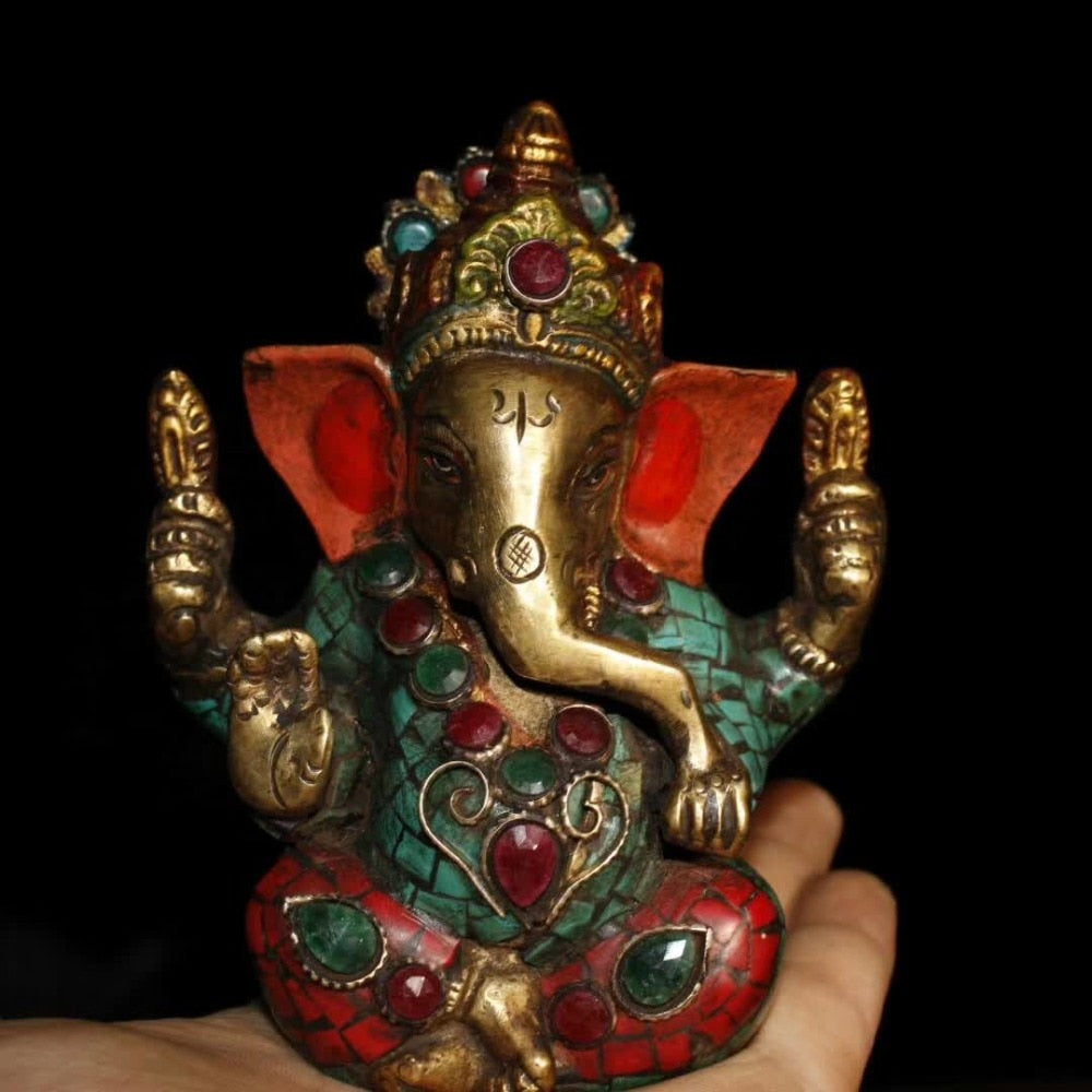 Ganesha Sculpture Handmade Pure Copper Inlaid Semi-Precious Stones Turquoise The God of Wealth Obstacle Remover - Lord Sri Ganesha