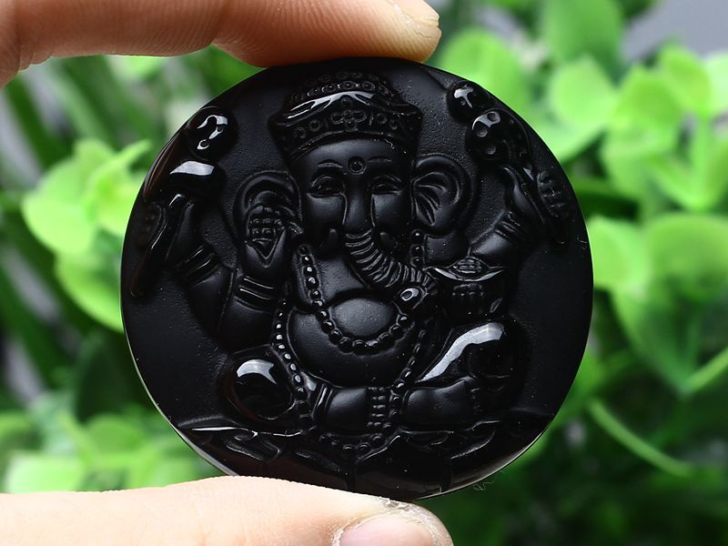 Natural Black Obsidian Carved Ganesh Lucky Pendants Free Necklace Fine Stone Crystal Amulet - Lord Sri Ganesha