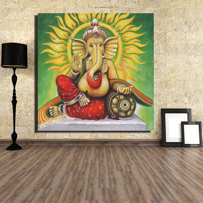 Hindu God Lord Ganesha Canvas Painting for Living Room Wall Green Red Yellow - Lord Sri Ganesha