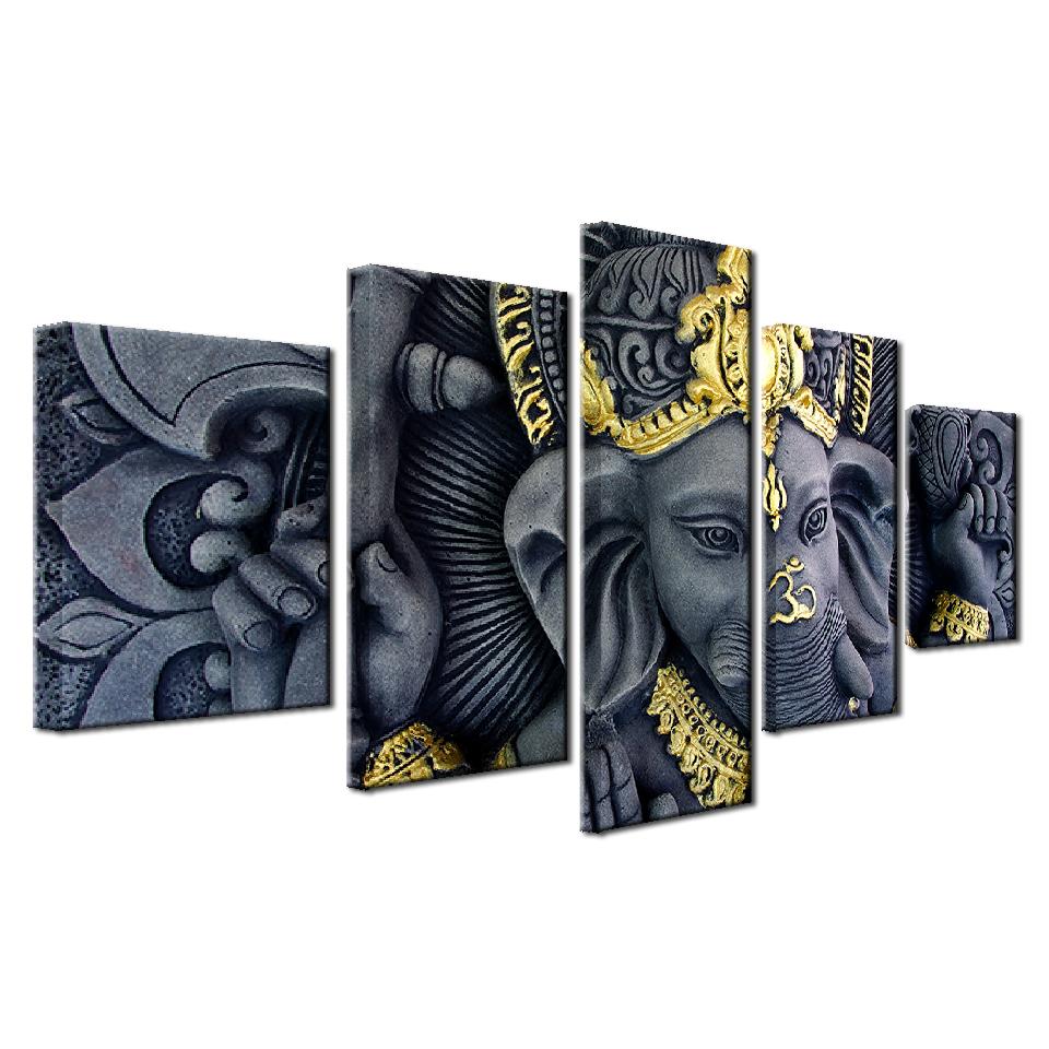 Canvas Posters 5 Piece Hindu Elephant God Ganesha Paintings  Black and Gold - Lord Sri Ganesha