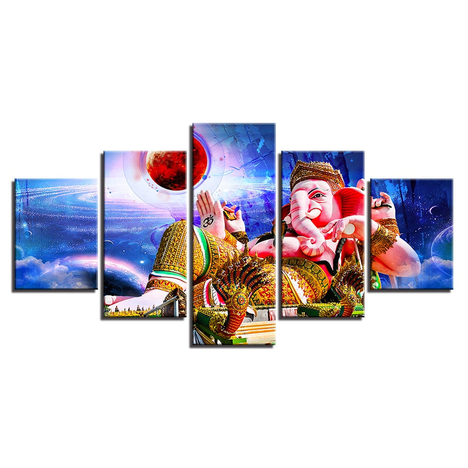 Printing Poster Pictures Decor Bedroom Wall Art 5 Pieces India Ganesha Elephant God And Planets Abstract Modular Canvas Painting - Lord Sri Ganesha