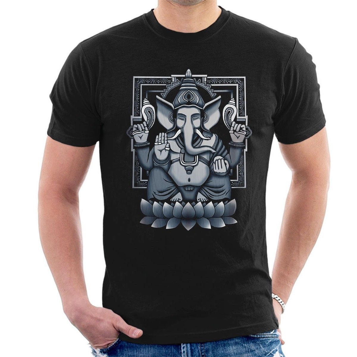 GANESHA T-SHIRT Lotus Indian elephant god  meditation zen Men Tee Shirt Tops Short Sleeve Cotton Fitness T-Shirts - Lord Sri Ganesha
