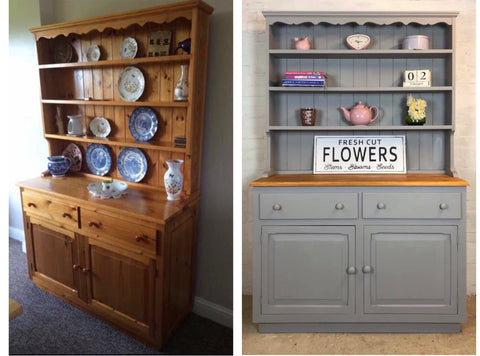Commissioned Welsh dresser in grey before and after, painted by Cherubs Chalks Interiors Peterborough