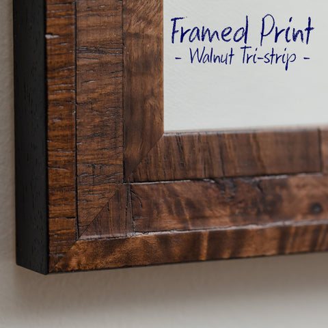 close up detail photo of the corner of the tr-stripe walnut wooden frame wall art