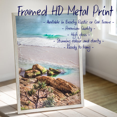 Framed HD aluminium Metal Wall art print example with a beachy rustic frame