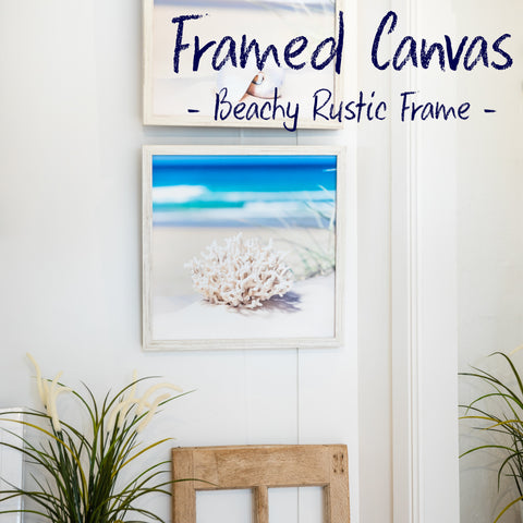 Framed canvas prints on the wall featuring a coastal image of coral and framed using the beachy rustic frame wall art