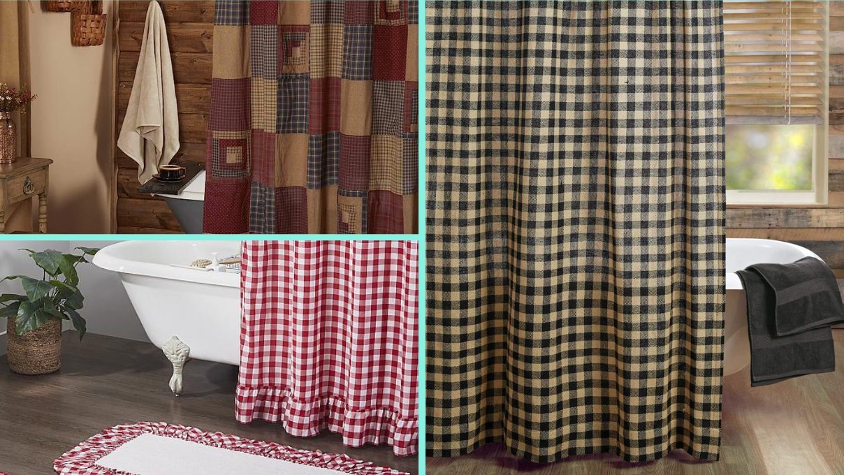 country cabin primitive farmhouse Pip Berry burgundy black FABRIC Shower Curtain 