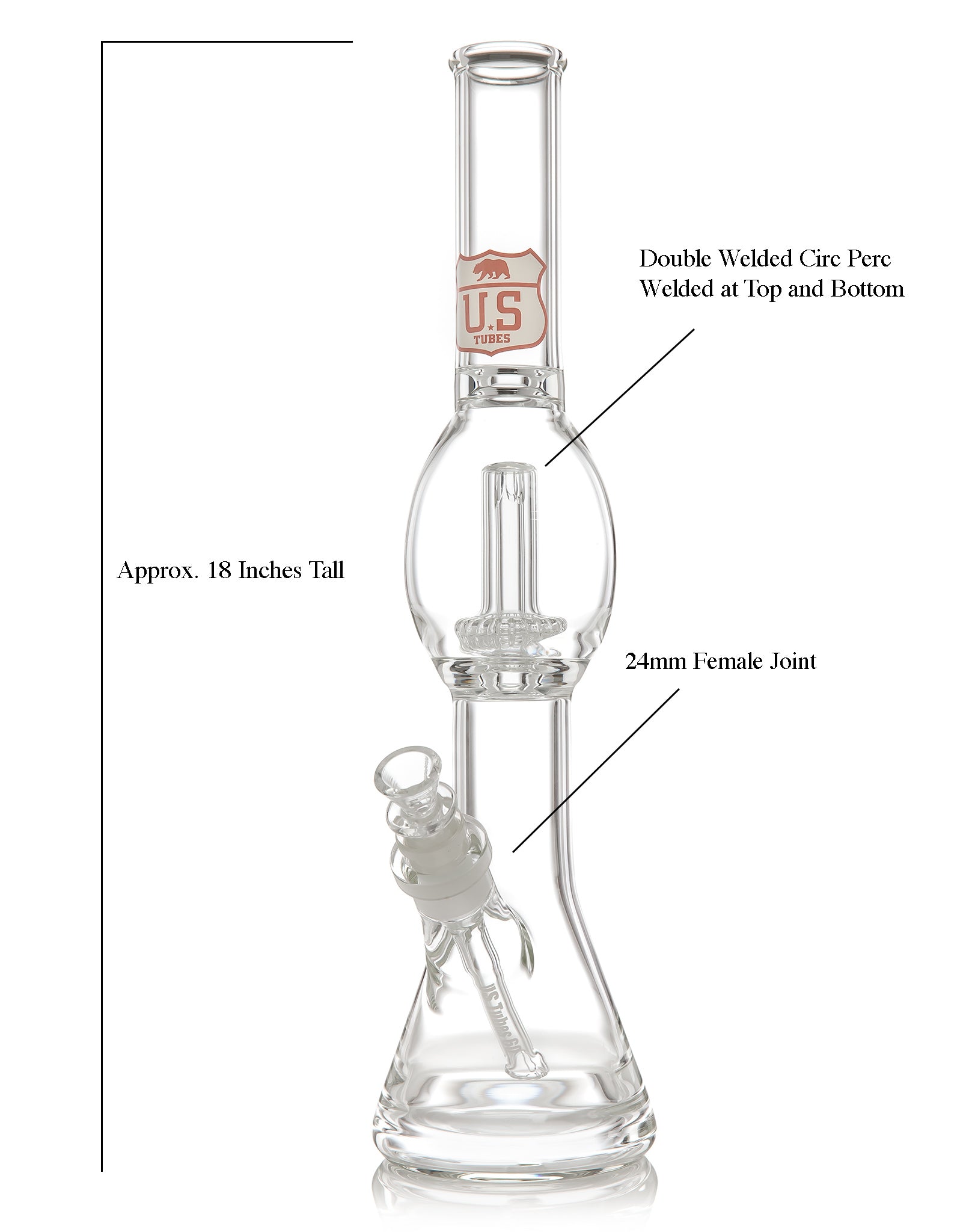 US TUBES 18 Inch Beaker Circ Perc Spec Sheet with Text Showing 24mm Joint, 18 Inch Approximate Height 