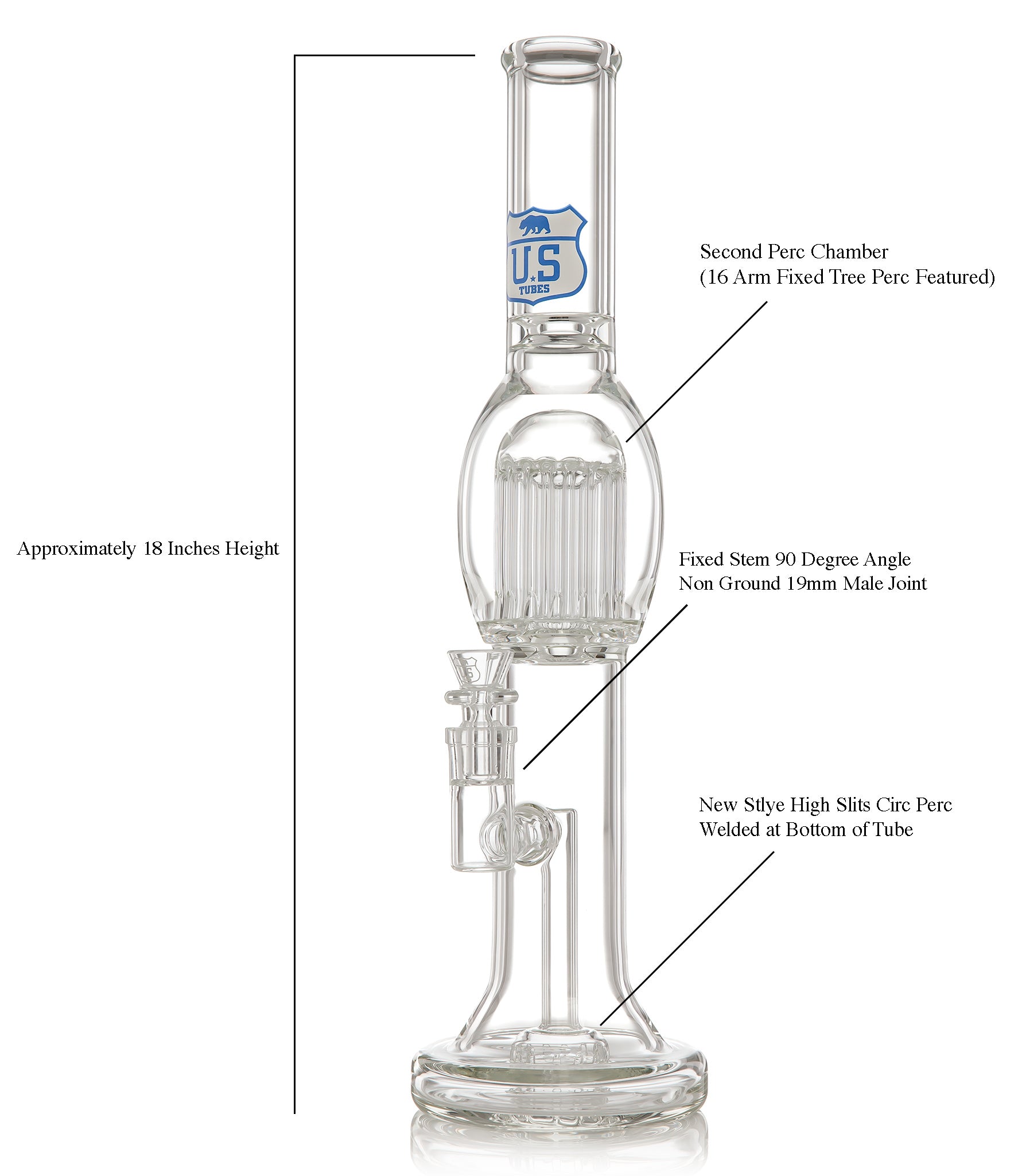 Hybrid Fixed Stem with 16 Arm Tree Perc with Listed Specs 18 Inches Approx Height, 19mm Male Non ground joint, 16 arm tree perc