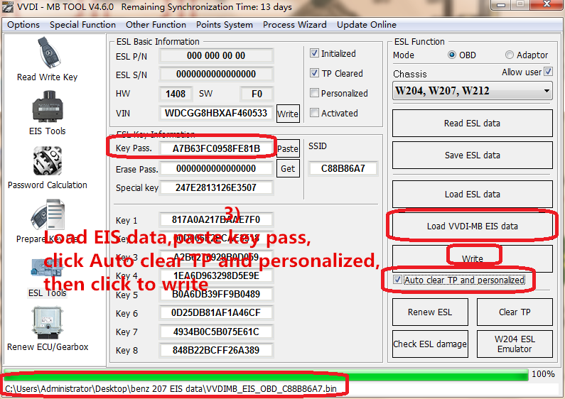 3) Load EIS data,paste key pass,click Auto clear TP and personalized,then click to write