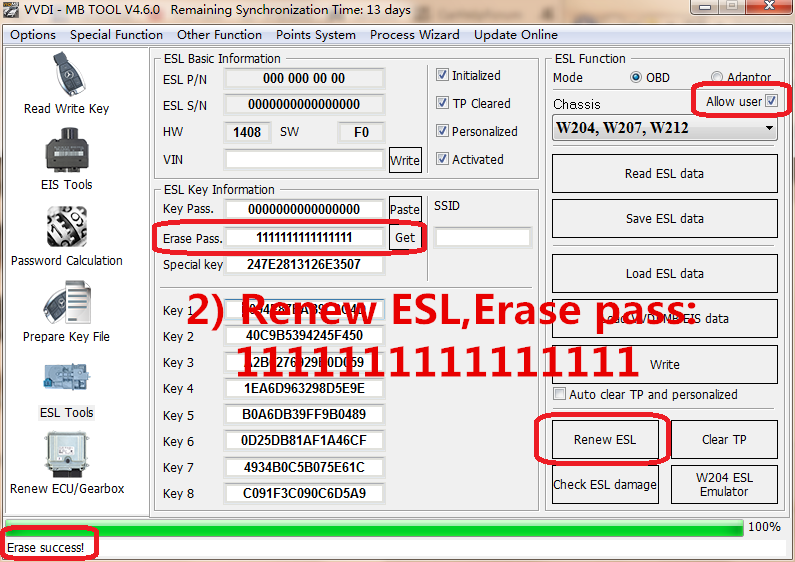 2) Renew ESL,Erase pass: 1111111111111111