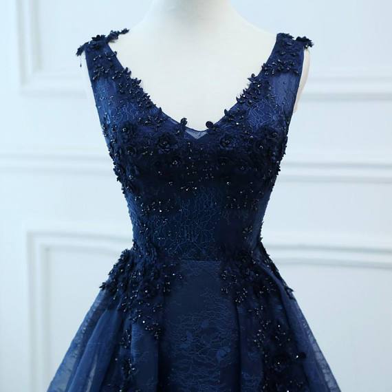 Navy Blue Sleeveless Lace Beaded Prom Dresses,A Line Evening Dresses