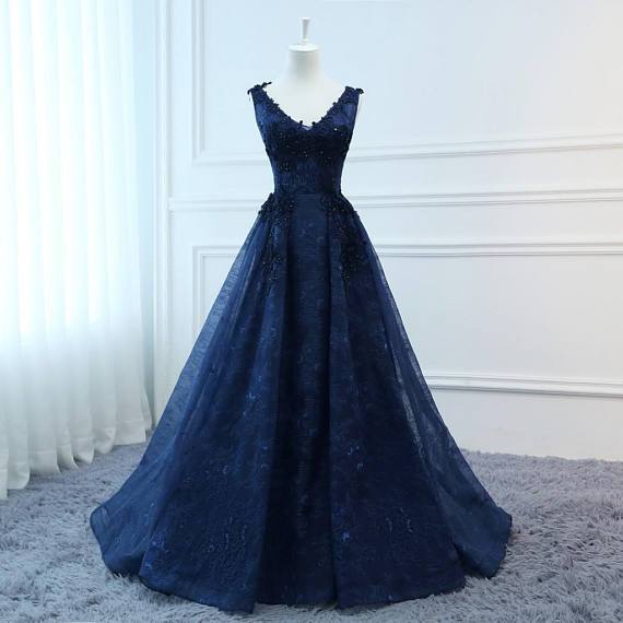 Navy Blue Sleeveless Lace Beaded Prom Dresses,A Line Evening Dresses