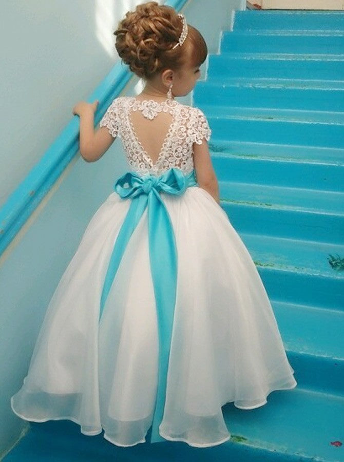 White Scoop Neck Short Sleeve Lace Flower Girl Dresses With Sash Everisa 3567