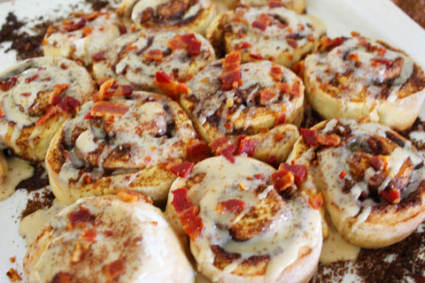 Delicious Baked Bourbon Bacon Cinnamon rolls fresh out of the oven