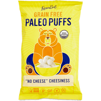 yellow package of lesser evil grain free paleo puffs