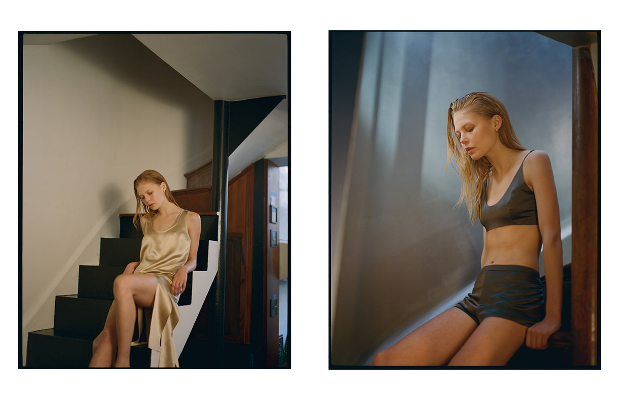 PRAE Como long line silk bralette underneath Kieke multi slit tank dress, Bay scoop neck silk bralette with Lorne lounger silk tap shorts, Sofie Theobald by Crista Leonard - West Village