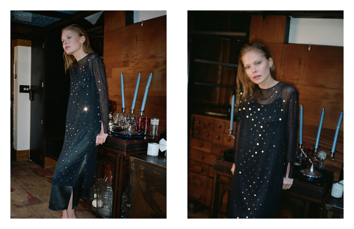 PRAE Kye midi side slit silk slip dress, Cress sheer split sleeve dress, Sofie Theobald by Crista Leonard - West Village
