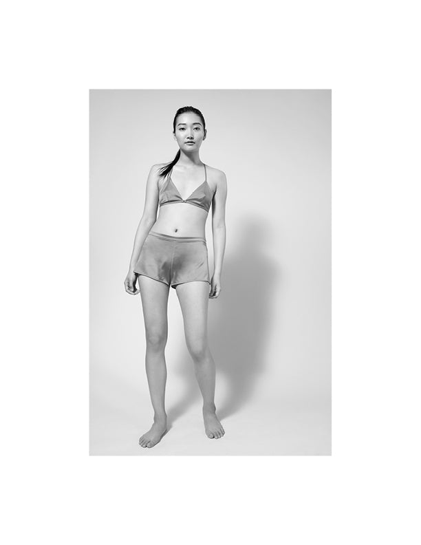 PRAE Muir triangle t-back silk bralette with Lorne lounger silk tap shorts, Jisu Hong by RYGAR - Brooklyn