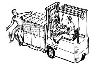 Man driving forklift and running into another worker