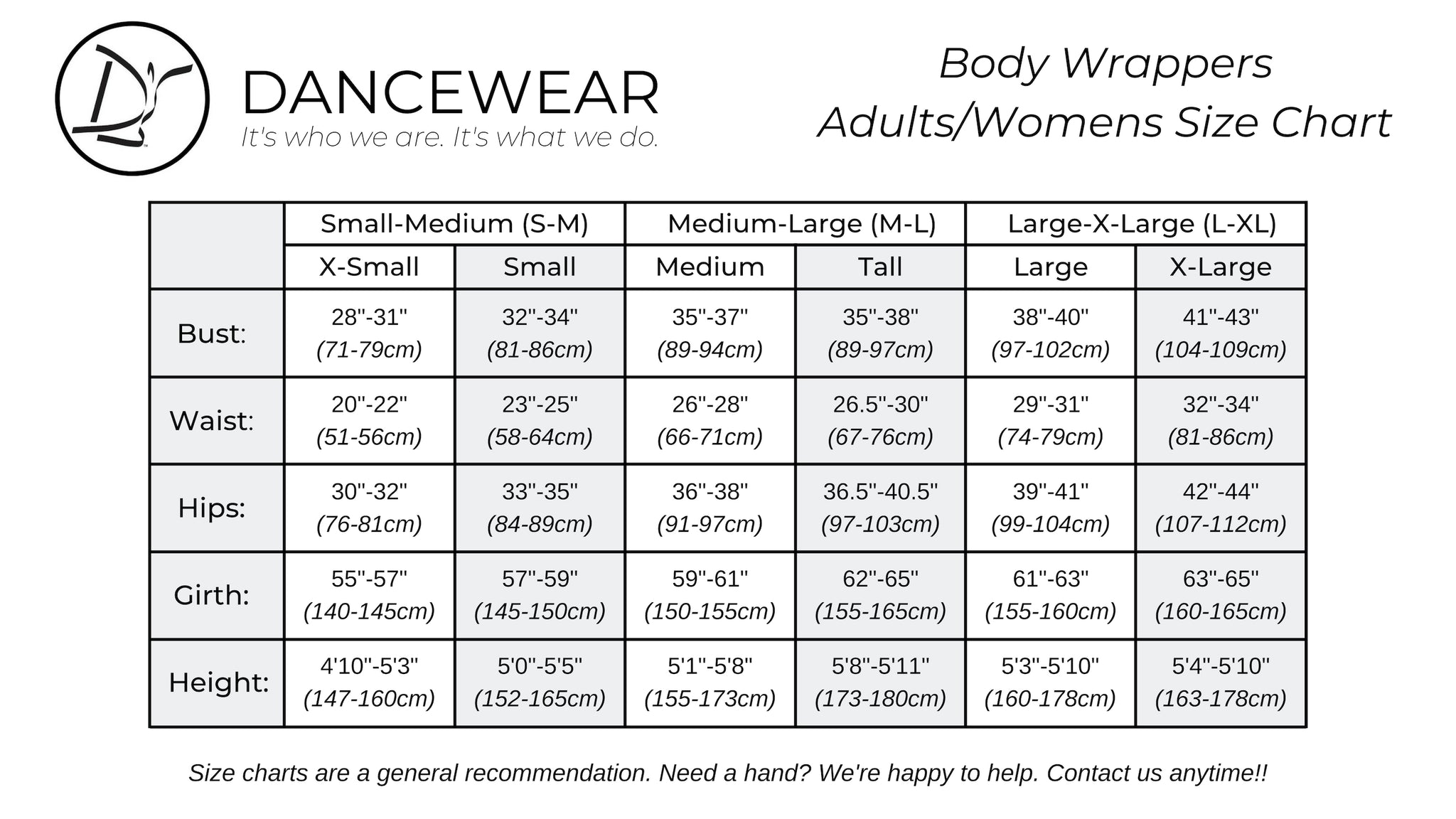 Body Wrappers Adults/Womens Size Chart