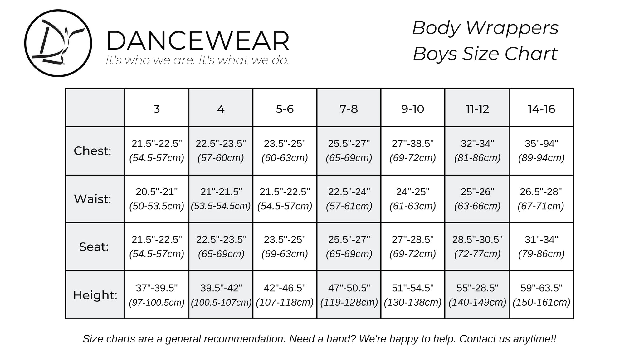 Body Wrappers Boys Size Chart